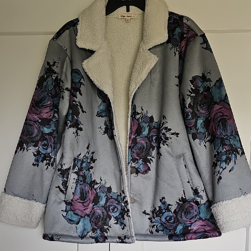 Floral Gray Jacket with Sherpa Lining
